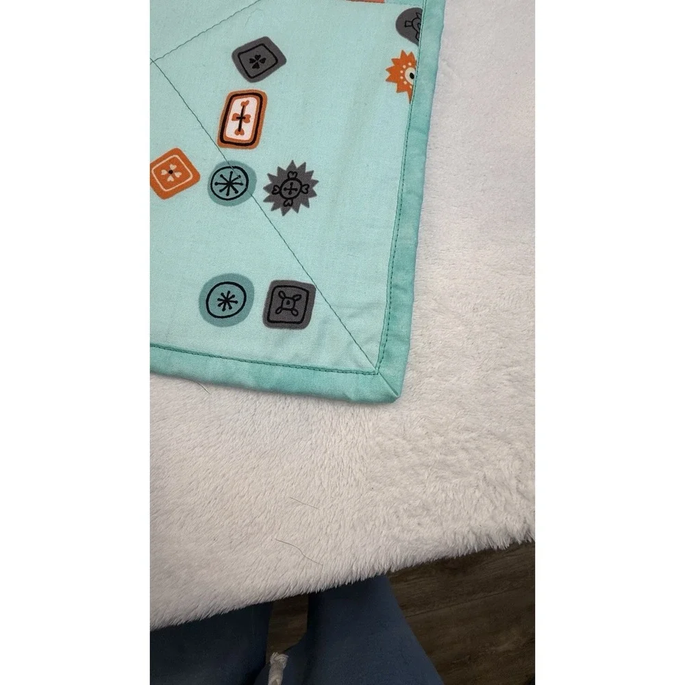 Handmade Baby Quilt Blanket Aqua Orange Geometric Patchwork 45x56 Cotton